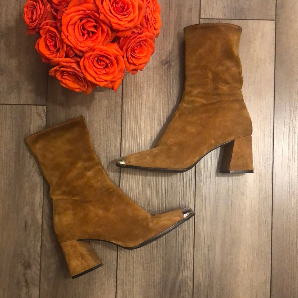 Topshop Tan Suede Block Heel Ankle Boots with Metal Toe